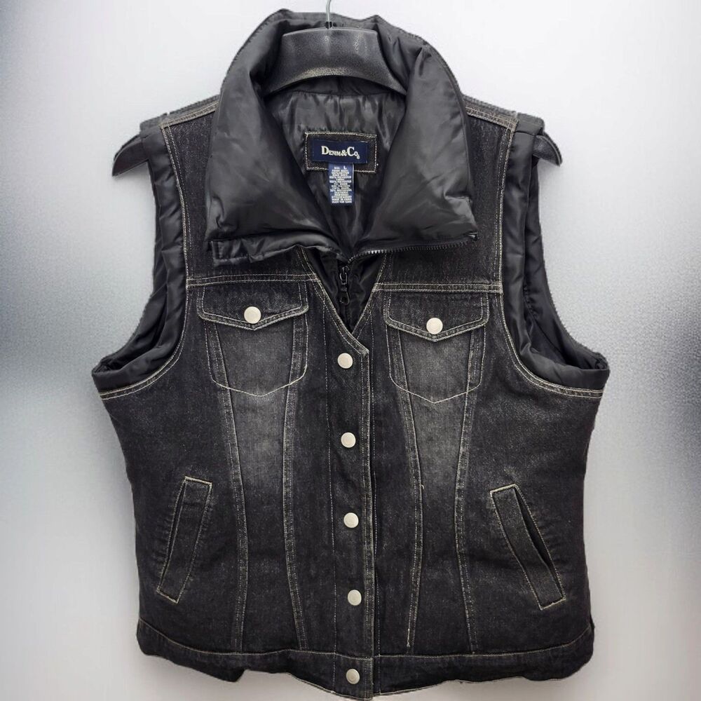 Denim and Co Black Denim Puffer Vest Womens Large Down Feather Fill Snap Zipper - Picture 2 of 12